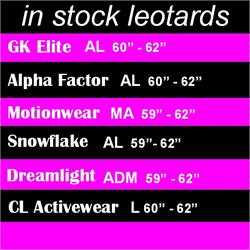 DiscountLeotards discount gymnastics leotards GK Snowflake Motionwear Alpha Factor CL Activewear Dreamlight  Look-It Activewear Size Chart 
