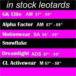 DiscountLeotards discount gymnastics leotards GK Snowflake Motionwear Alpha Factor CL Activewear Dreamlight  Look-It Activewear Size Chart 