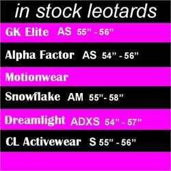 DiscountLeotards discount gymnastics leotards GK Snowflake Motionwear Alpha Factor CL Activewear Dreamlight  Look-It Activewear Size Chart 