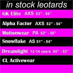 DiscountLeotards discount gymnastics leotards GK Snowflake Motionwear Alpha Factor CL Activewear Dreamlight  Look-It Activewear Size Chart 