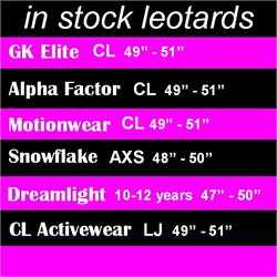 DiscountLeotards discount gymnastics leotards GK Snowflake Motionwear Alpha Factor CL Activewear Dreamlight  Look-It Activewear Size Chart 