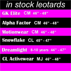 DiscountLeotards discount gymnastics leotards GK Snowflake Motionwear Alpha Factor CL Activewear Dreamlight  Look-It Activewear Size Chart 