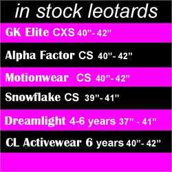 DiscountLeotards discount gymnastics leotards GK Snowflake Motionwear Alpha Factor CL Activewear Dreamlight  Look-It Activewear Size Chart 