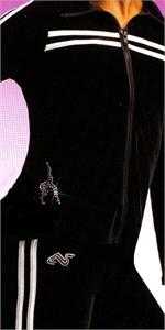 OX-W2377G  DOUBLE WHITE LIQUID METALLIC STRIPE, PLUSH BLACK VELVET, DIAMOND GYMNAST, WARM UP SET (jacket & pants)!